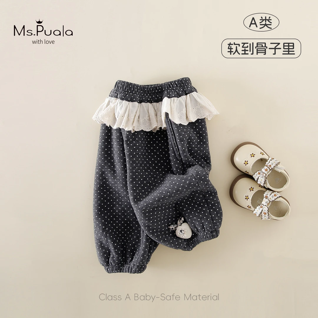 【MsPuala伯利兹】童装婴幼儿裤子女宝冬款加绒花边波点长裤休闲裤