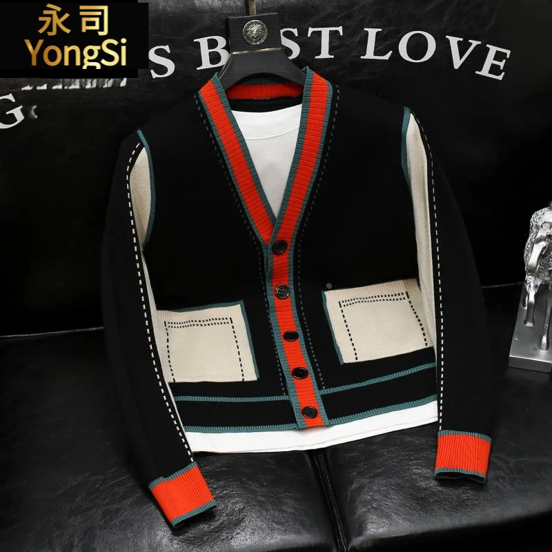 撞色薄款初秋新款开衫外套美式潮牌复古男装休闲百搭时尚针织衫潮