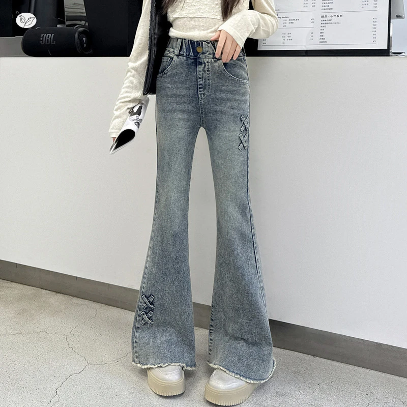 女童牛仔裤春秋款2025新款儿童秋装喇叭裤中大童女孩秋季微喇长裤