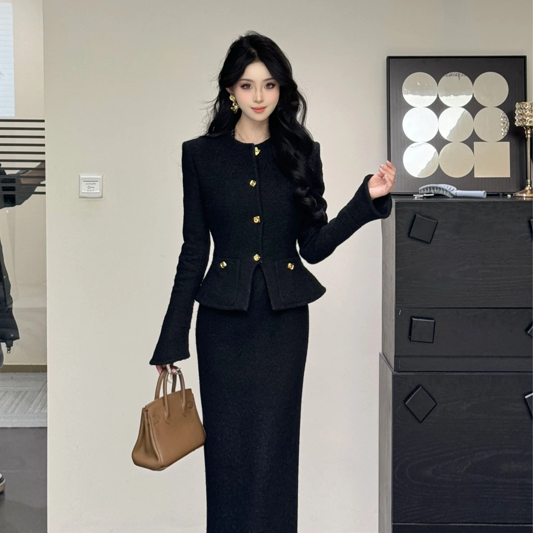 【宋宋kick】小香风显瘦气质长袖黑色复古修身24953+24953-1