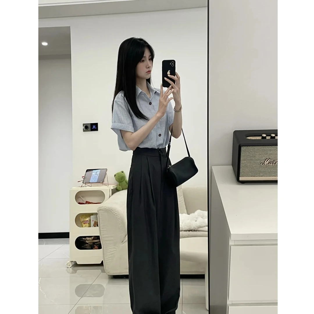 2025夏季韩系穿搭一整套宽松显瘦通勤短袖衬衫女灰色休闲裤两件套