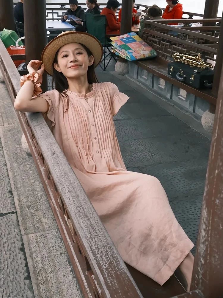 气质棉麻风琴褶花边袖连衣裙（加腰带）