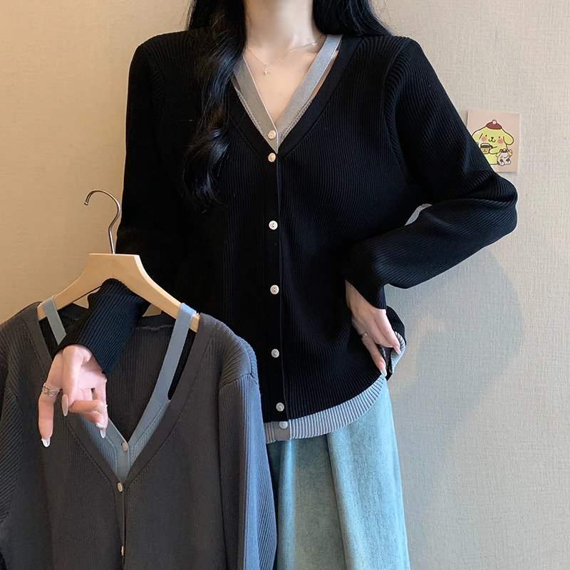 3476大码女装秋装新款洋气针织衫胖妹妹时尚假两件长袖上衣毛衣女