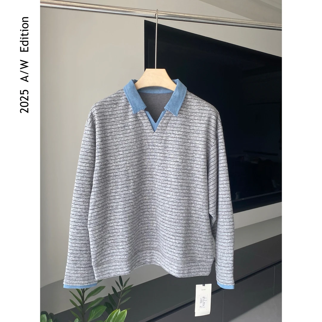 ARUI 2025 A/W 韩系宽松休闲百搭羊毛条纹拼色V翻领卫衣