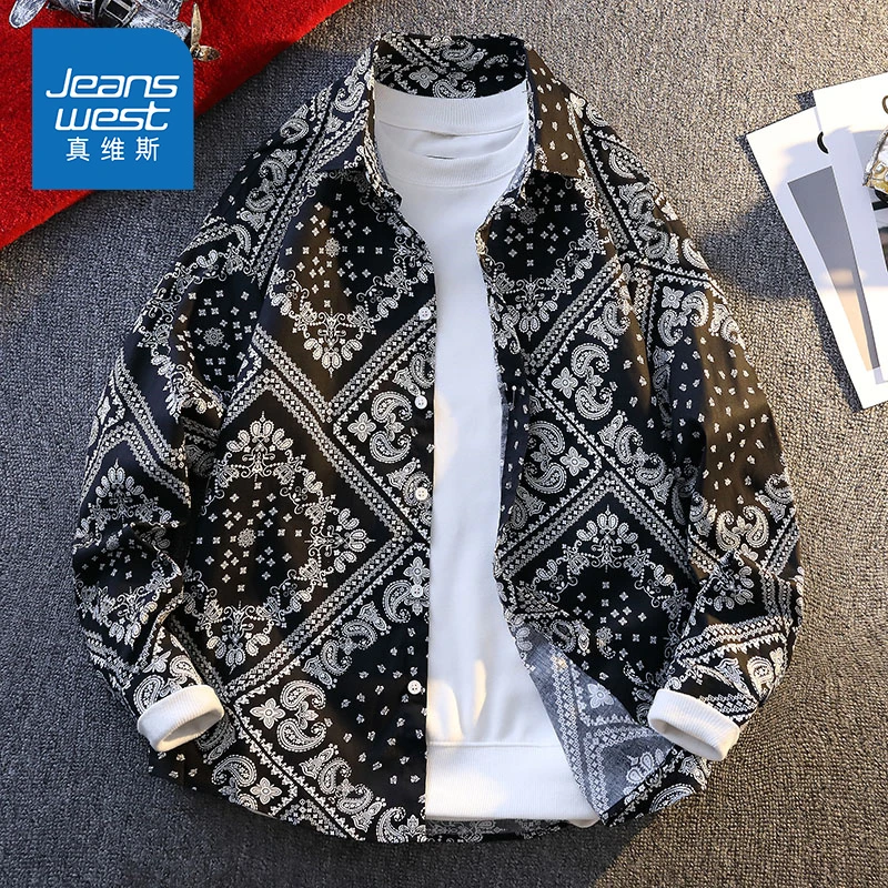 Jeanswest/真维斯秋季新款日系纹理花寸衫高级感长袖衬衫外套男