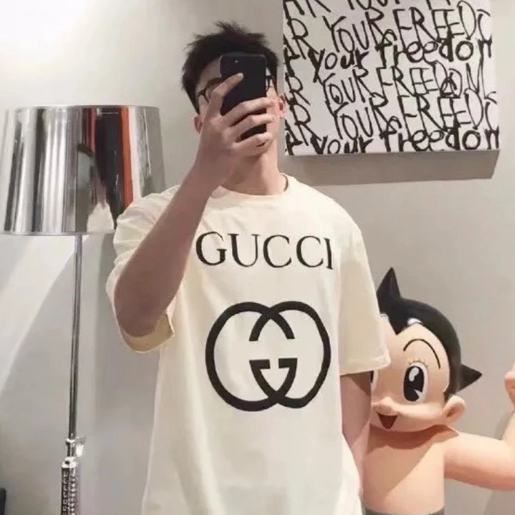 全新未使用 GUCCI/古驰 古驰互扣logo印花短袖T恤米黄色