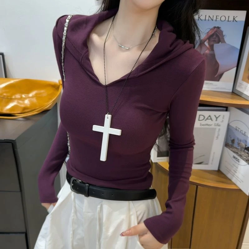 紫色连帽长袖t恤女秋季新款修身显瘦打底衫洋气时尚百搭帽衫上衣
