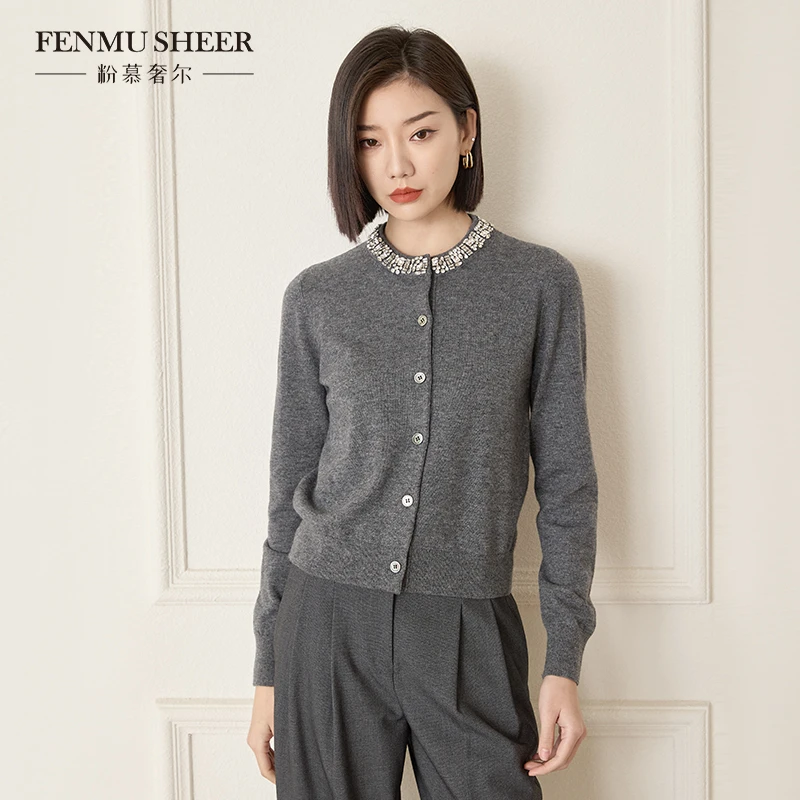 【石家玲专享】粉慕奢尔『小精致』羊毛镶钻针织套头衫显瘦上衣-W1712