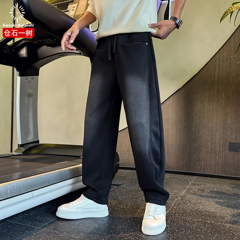 仓石一树潮流直筒黑色休闲裤男士2025新款加厚美式宽松运动弯刀裤