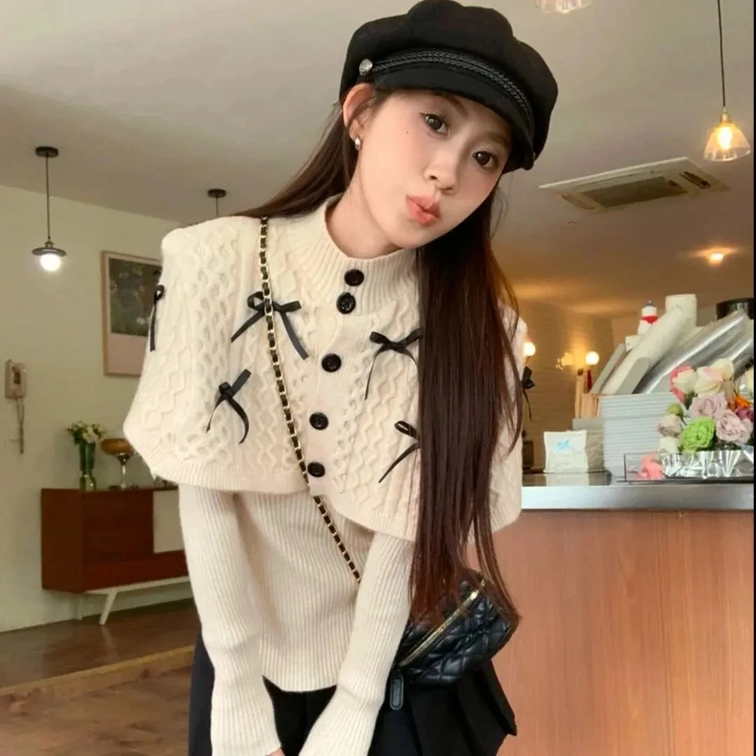 2024冬季新款温柔风时尚两件套毛衣打底针织衫套头披肩针织衫上衣