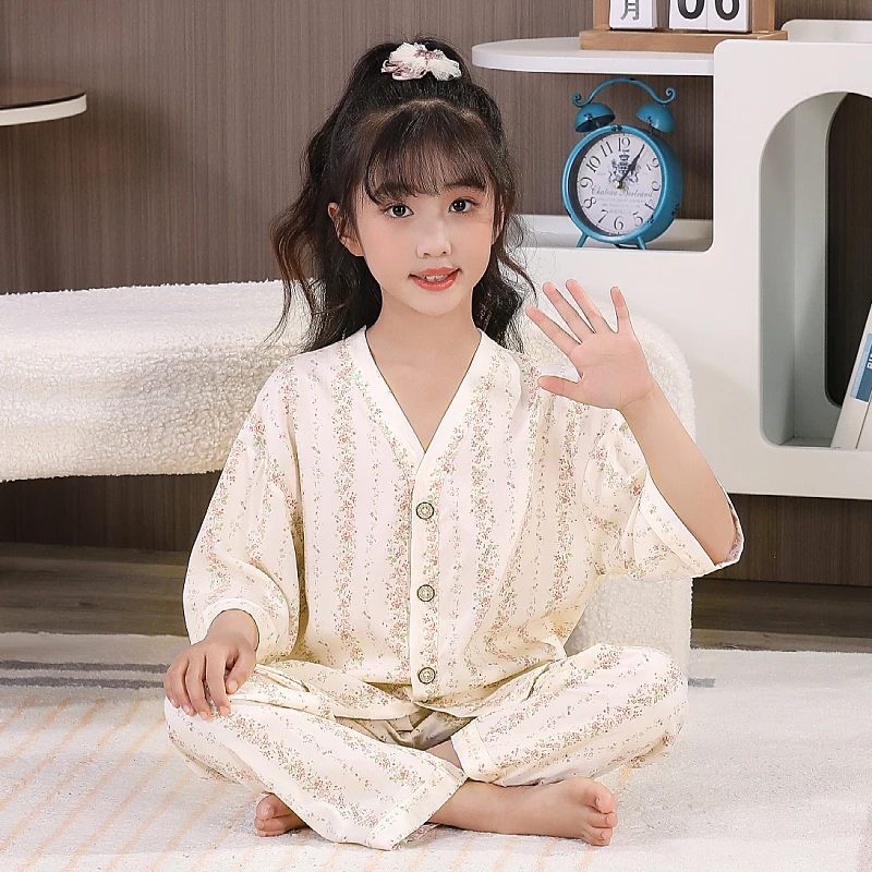 儿童夏季棉绸睡衣套装宝宝男孩女孩中大童薄款甜美七分袖家居服