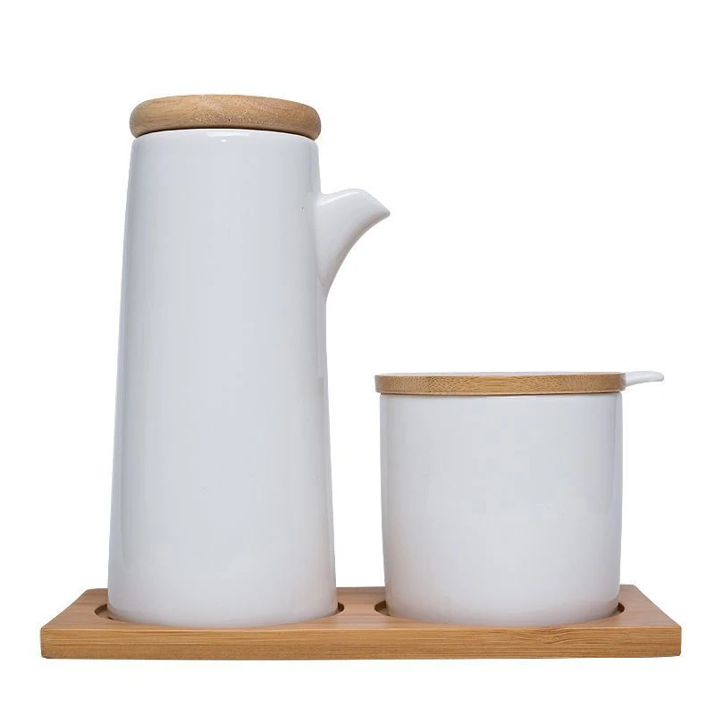 日式调味罐陶瓷套装家用盐罐酱醋组合厨房用品全套调料盒竹木托