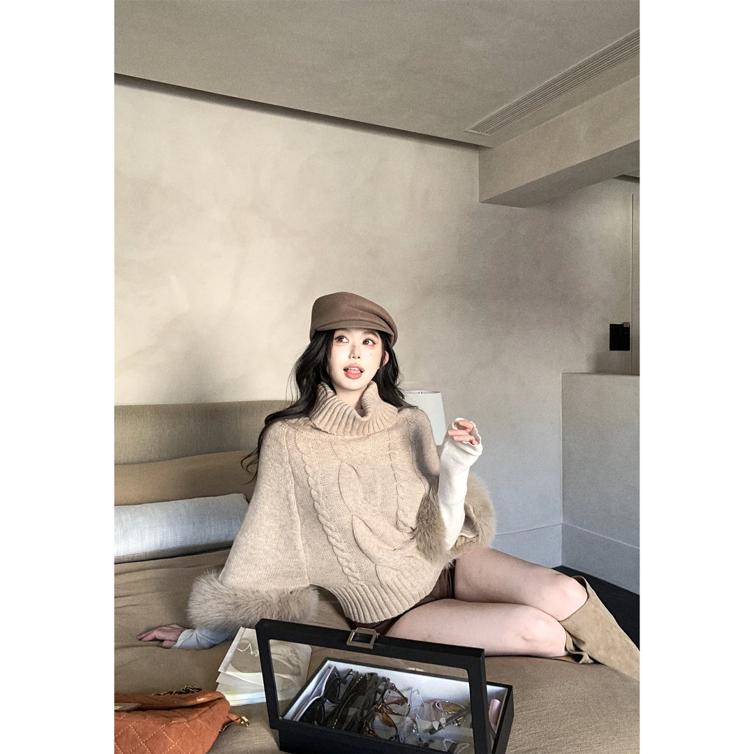 网红～秋冬 袖口高领羊毛混纺麻花毛衣+羊毛打底+a字短裤女
