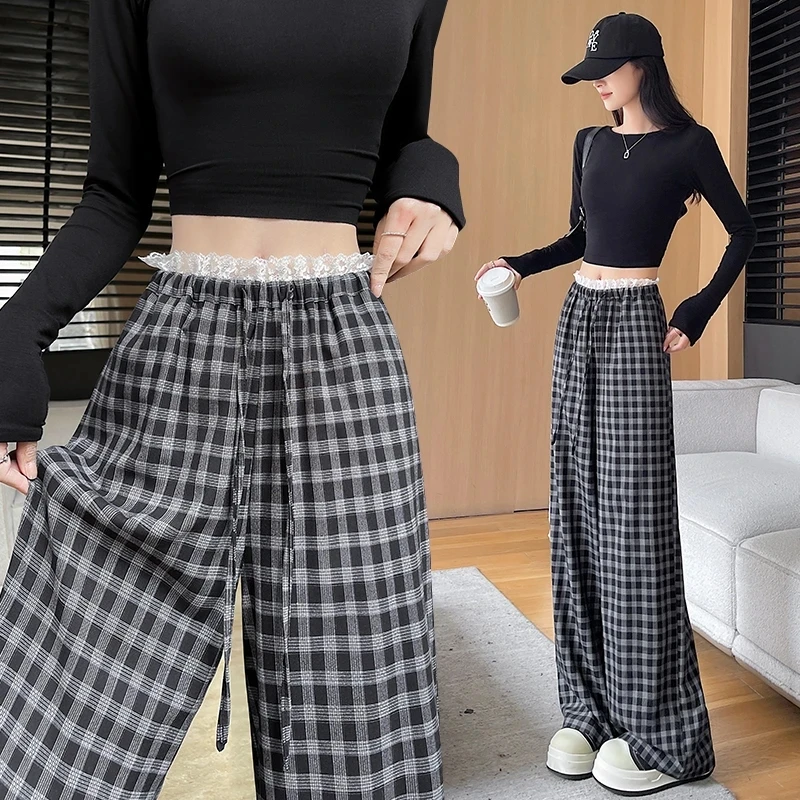韩系格子裤女阔腿裤春夏夏季新款复古百搭格纹宽松直筒休闲裤