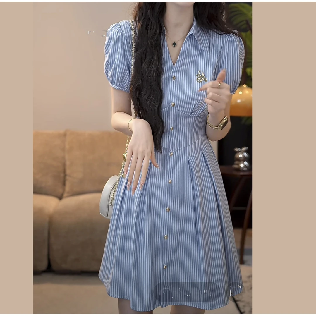 【山海聆风】夏季时尚法式蓝色条纹衬衫收腰显瘦连衣裙女
