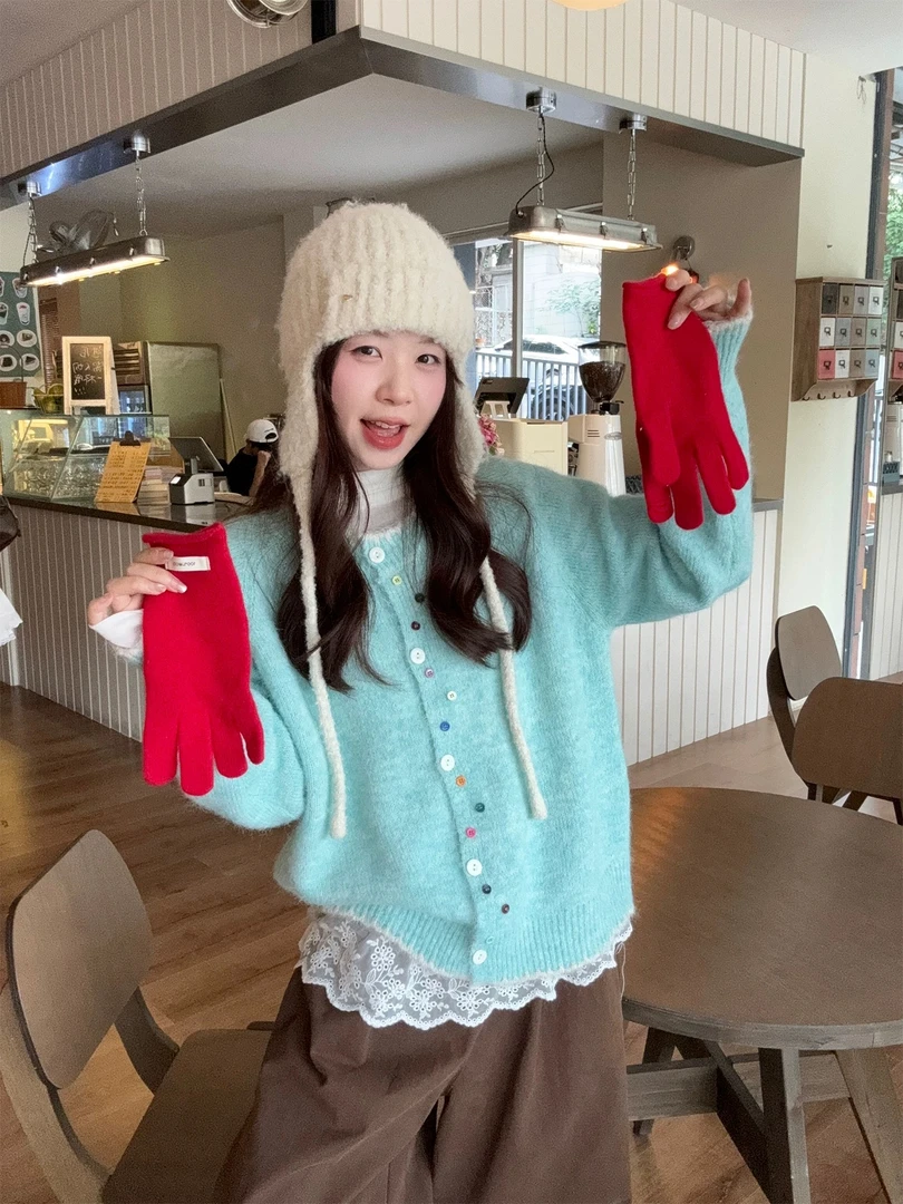 A332-韩系彩扣撞色软糯针织开衫外套女秋季宽松慵懒风圆领毛衣