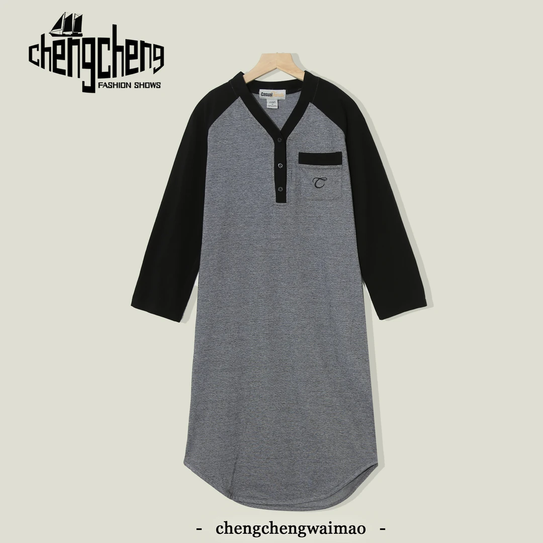 半开扣V领拼接设计感过膝长款女士连衣裙休闲宽松时尚舒适S274