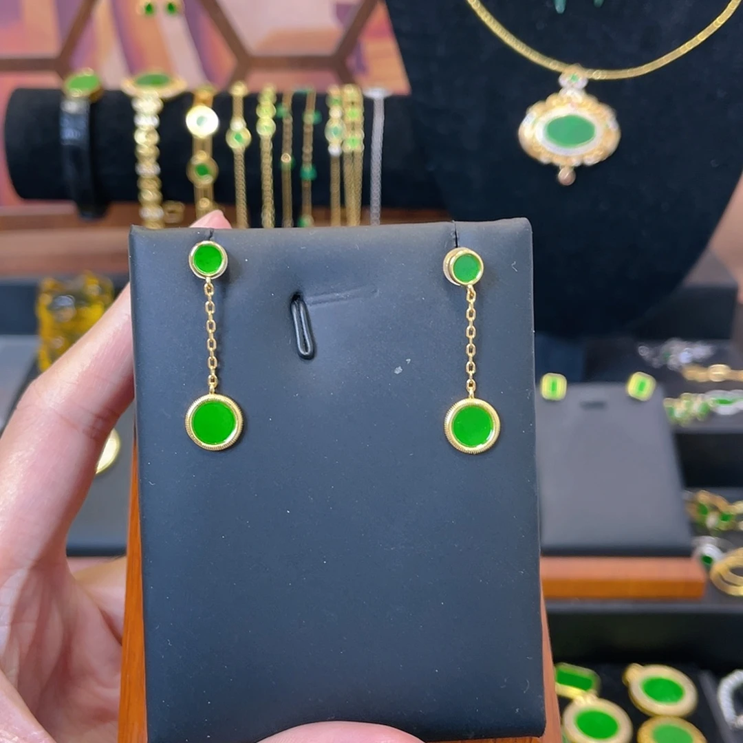 翡翠银S925镀金镶嵌耳饰