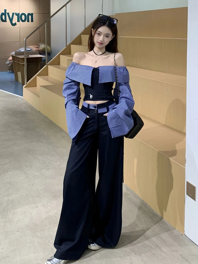 美式一字肩条纹上衣休闲裤两件套女秋季新款百搭衬衫阔腿裤套装潮