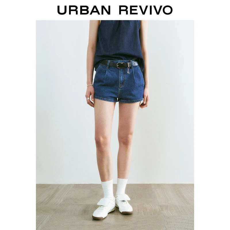 UR2025夏季新款女装复古水洗腰带装饰牛仔短裤UYU850059