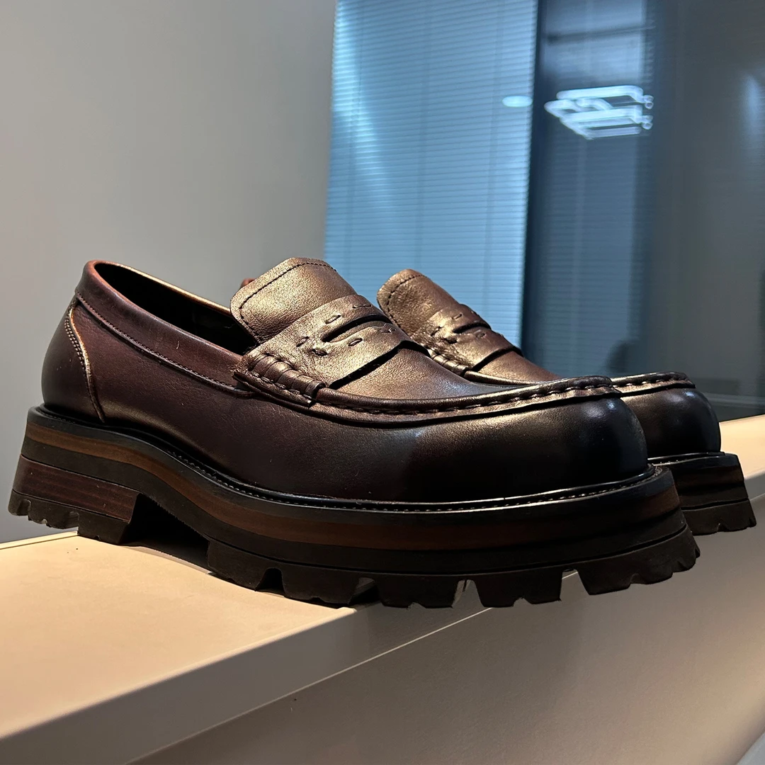 2025新款男鞋一脚蹬休闲乐福鞋厚底牛皮皮鞋百搭英伦商务皮鞋单鞋