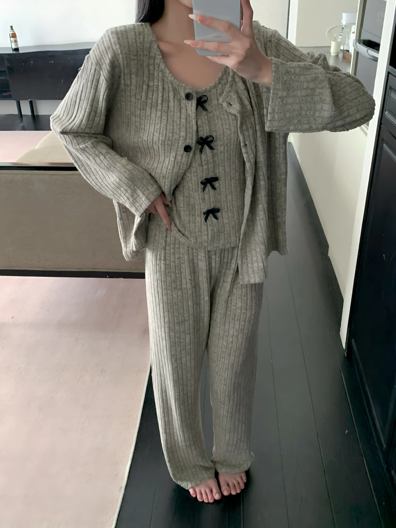 【带胸垫】三件套韩系蝴蝶结睡衣女春秋可外穿高级气质家居服套装