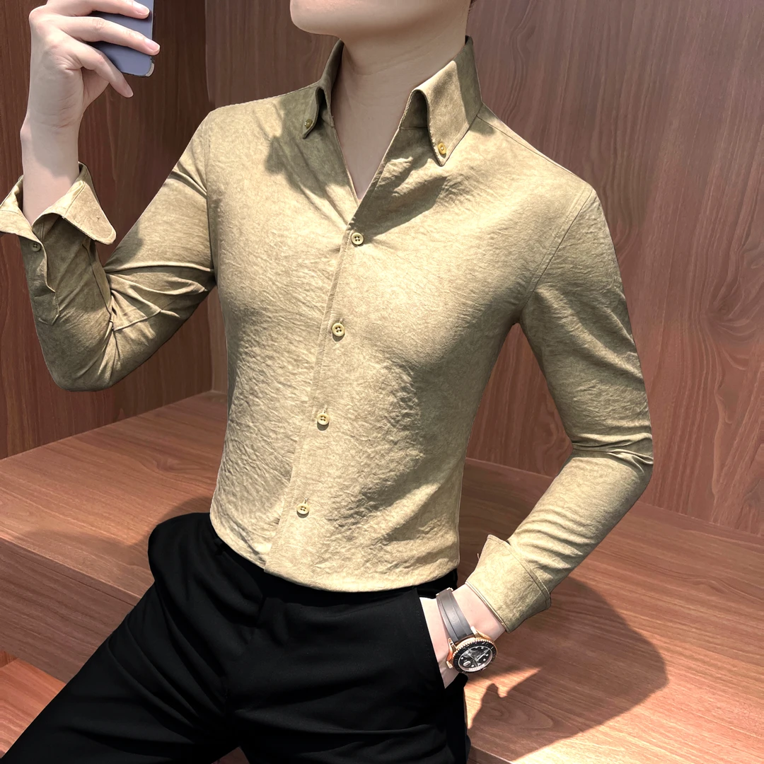 v领褶皱肌理感衬衫长袖男装秋季爆款2025新款高级感修身衬衣男款