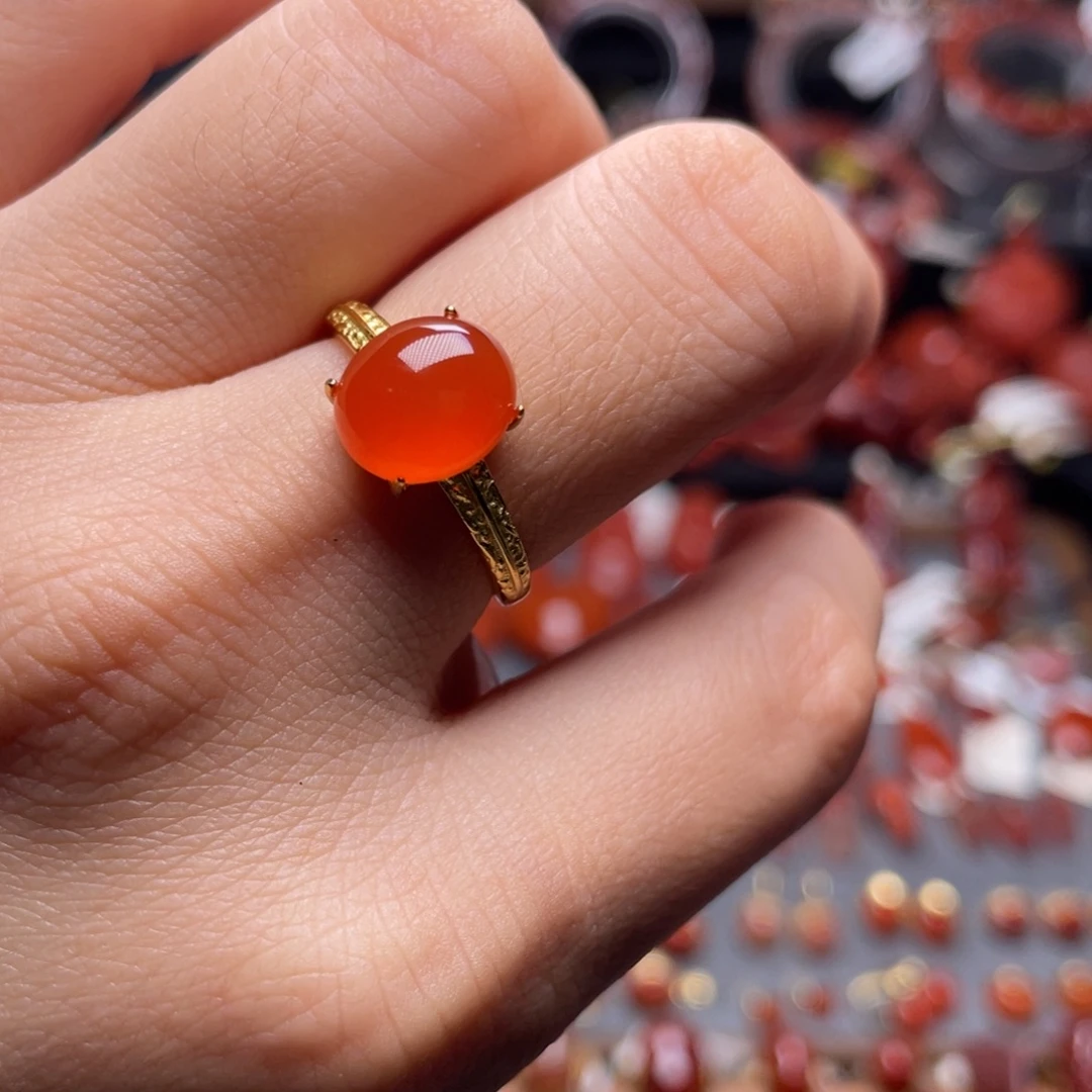 南红玛瑙银S925镶嵌冰红原矿戒指