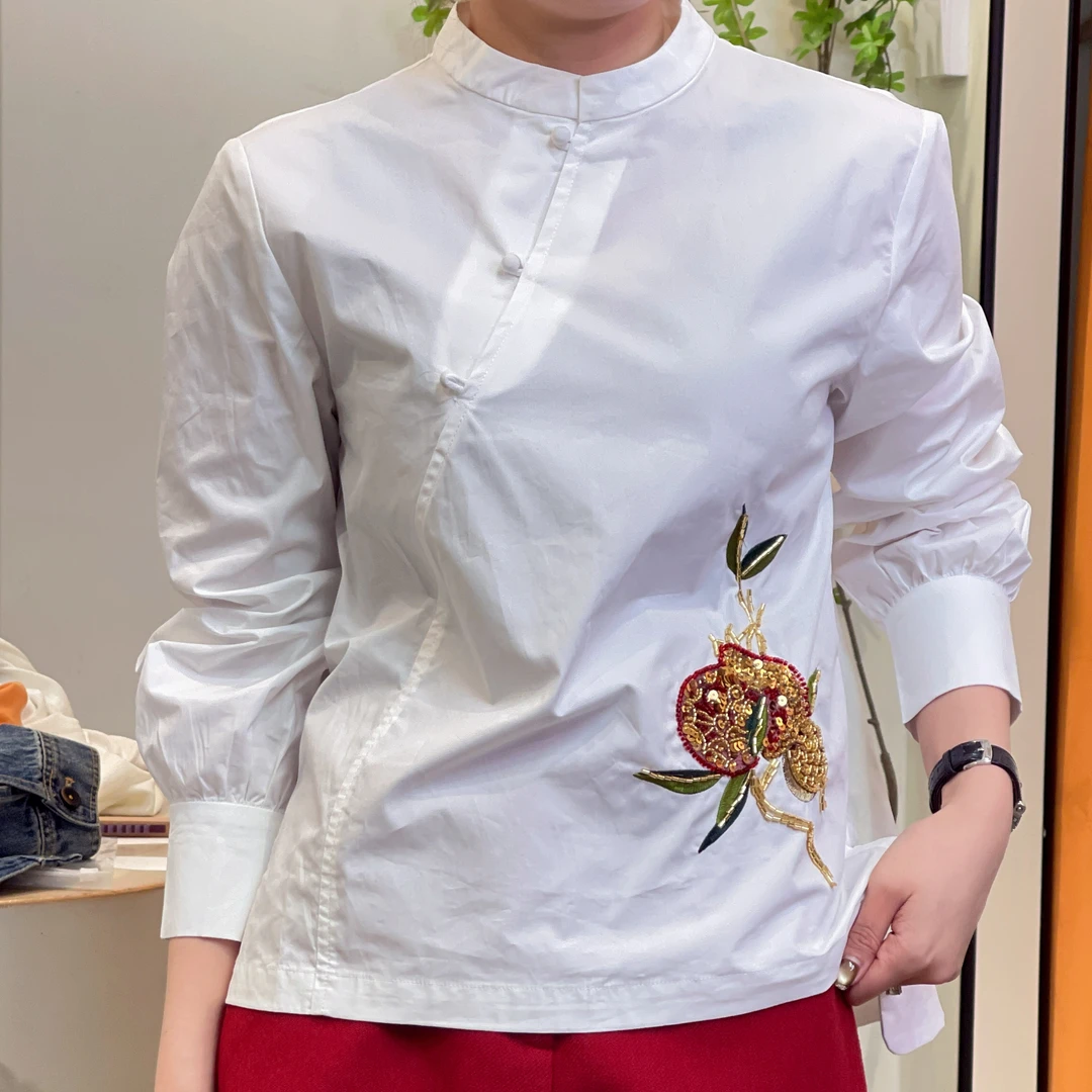南油亮片刺绣长袖衬衫上衣#5999