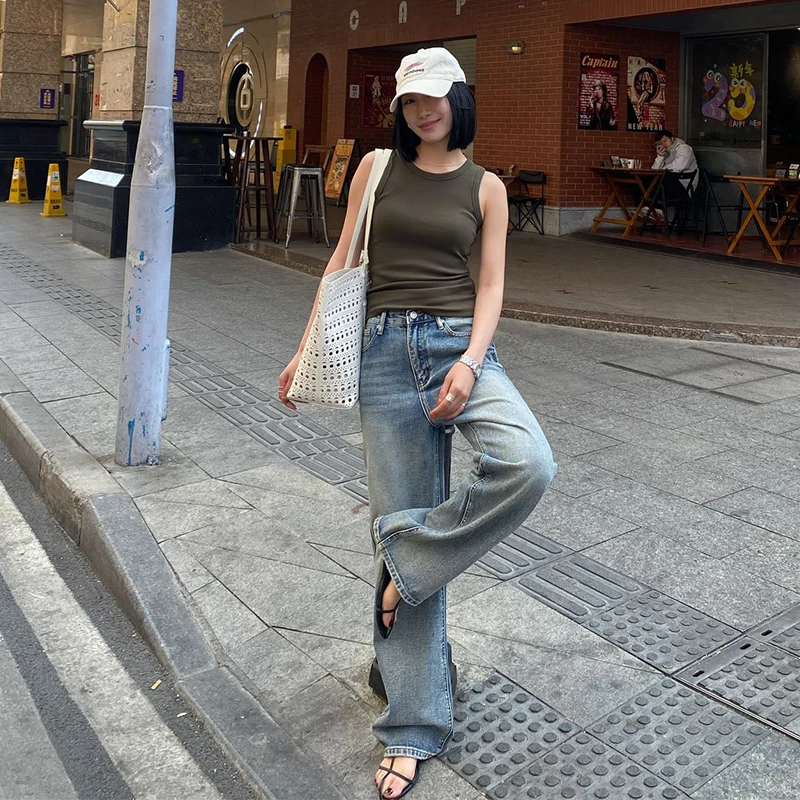 PURITY YH 小众设计美式复古阔腿盖脚裤浅蓝直筒宽松水洗牛仔裤