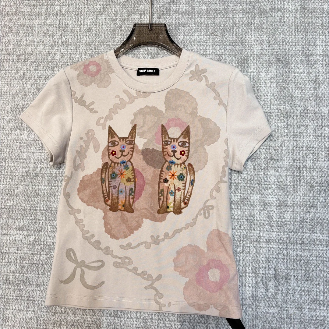高端T恤女欧洲站春夏新款欧货时尚圆领卡通猫咪印花减龄短袖上衣