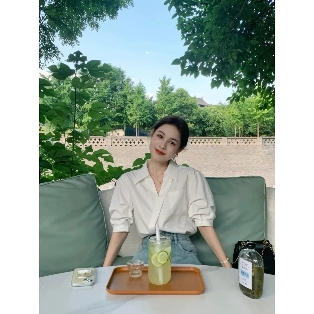 法式高级感白色V领短袖衬衫夏季休闲女气质轻熟上衣衬衣6587#0.1