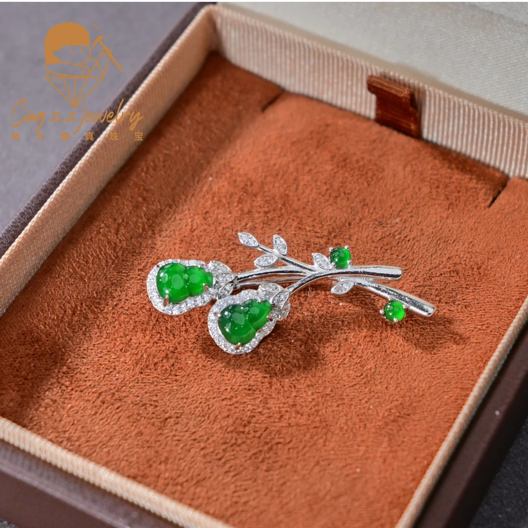 【福禄双全】天然翡翠葫芦满绿老钱风胸针重工贵气礼物925银