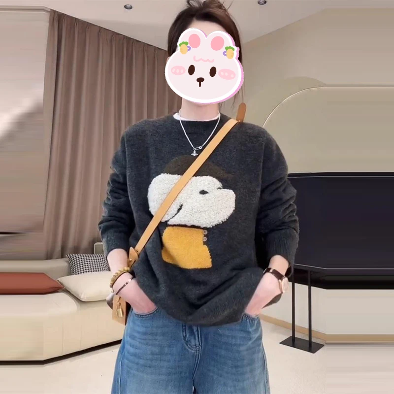慵懒风撞色卡通小狗圆领毛衣女2025冬季新款宽松显瘦气质减龄上衣
