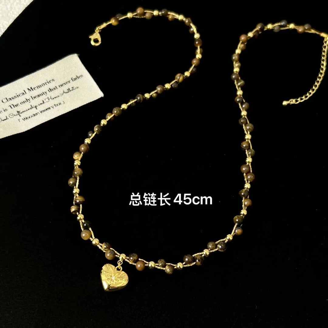 铜合金项链 超质感编织虎眼爱心吊坠项链