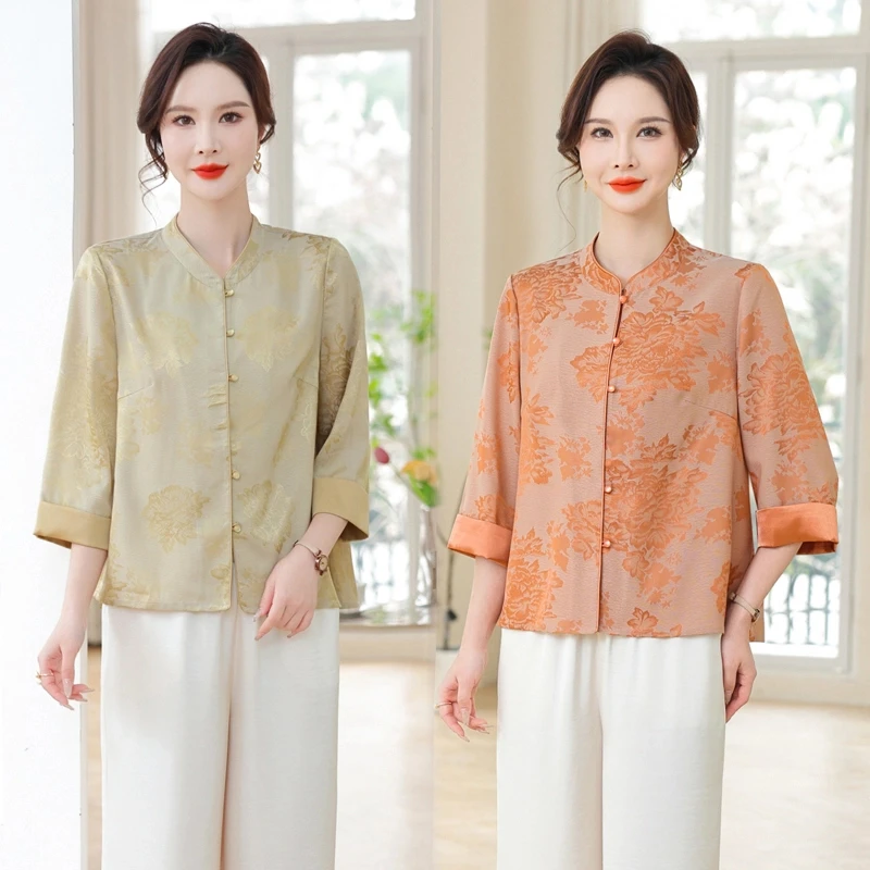 中老年女装七分袖衬衫妈妈装印花春夏季开衫上衣新中式国风两件套