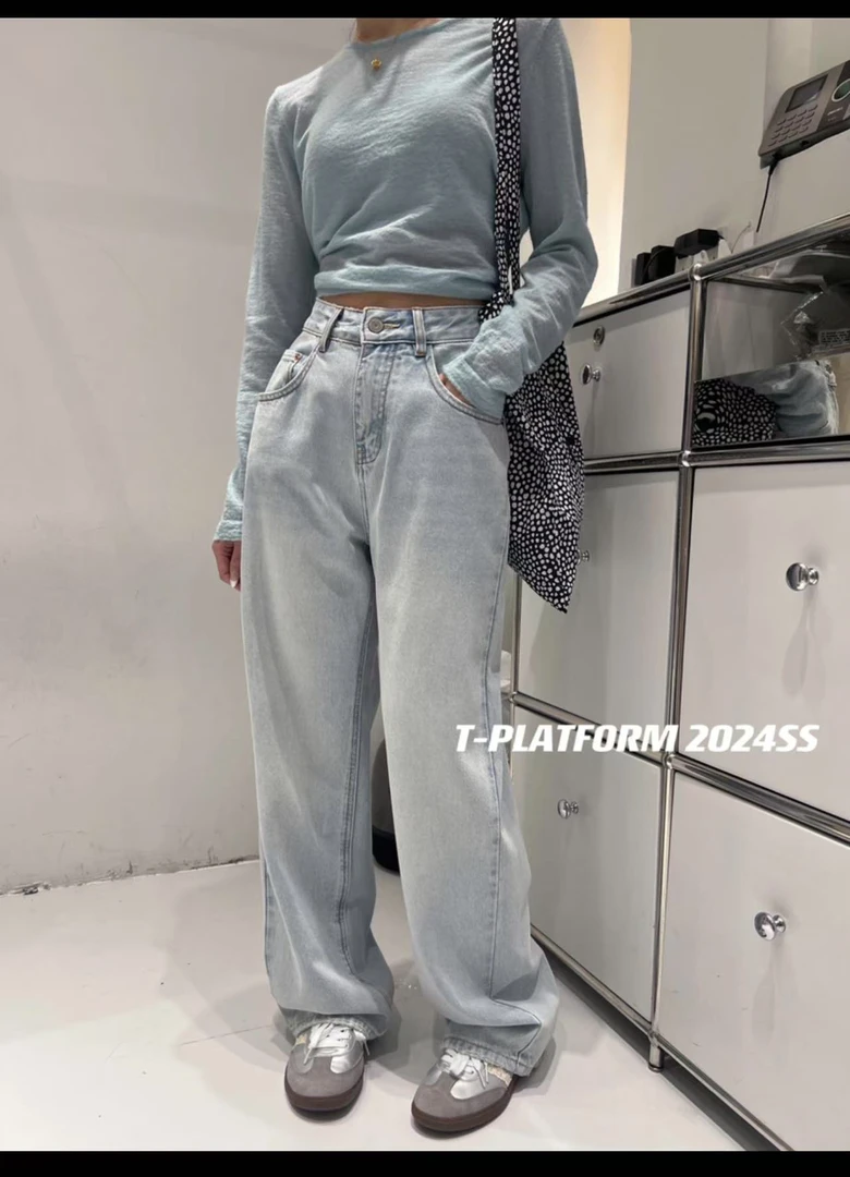 TT 福（1tt66200#）软牛仔  高腰直筒牛仔裤3-7