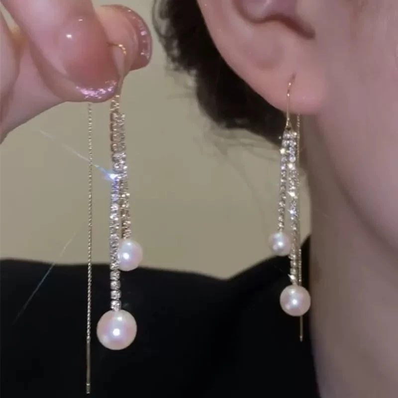 铜合金仿珍珠耳饰 樱花粉珠珠气质轻奢时尚百搭长款耳环