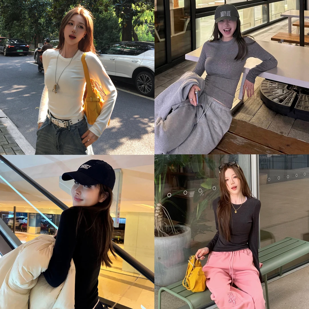 辣妹磨毛针织正肩圆领春秋冬纯色显瘦打底衫内搭长袖T恤女