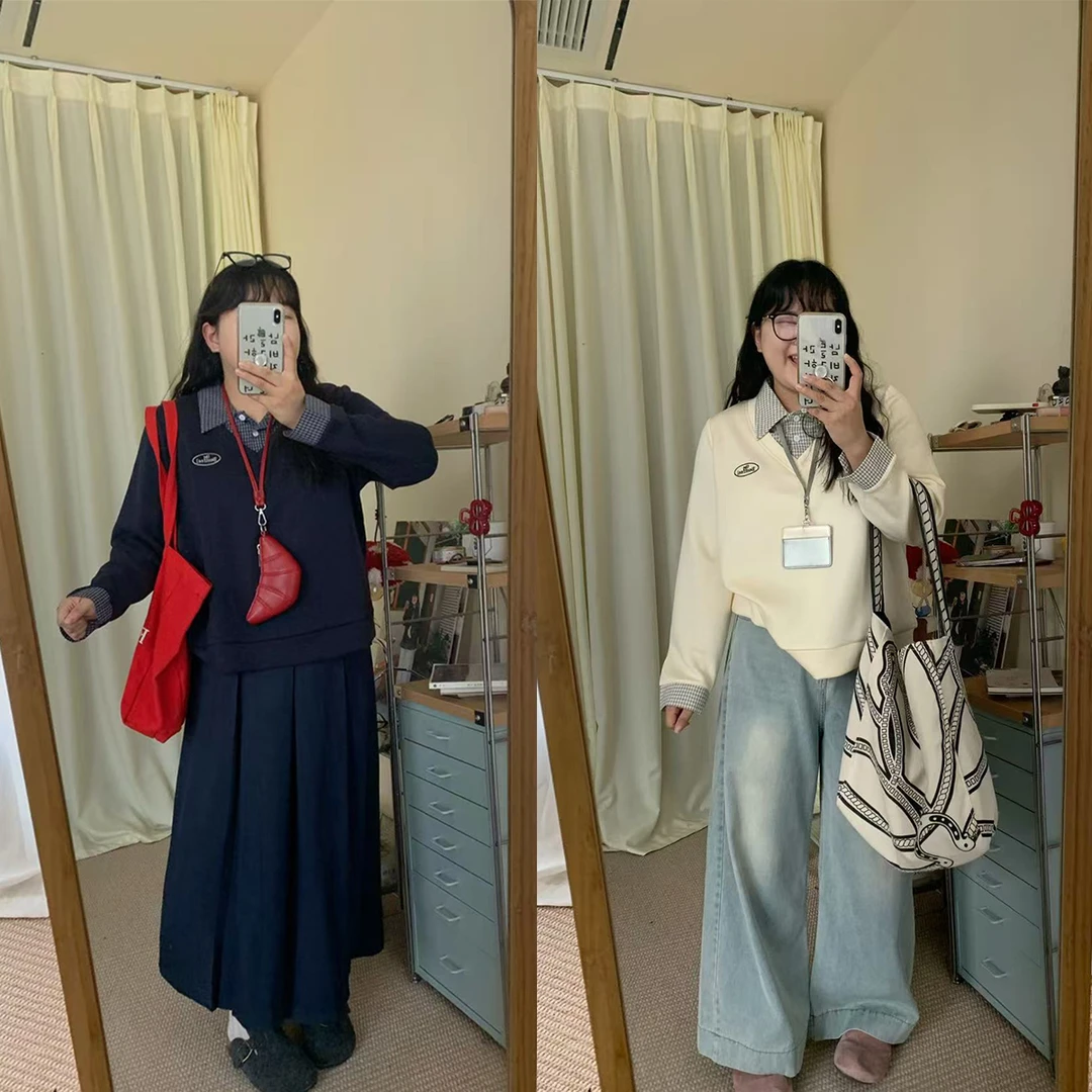 【鱼白专属】2025秋季大码高级感假两件衬衣学院风格子上衣64058