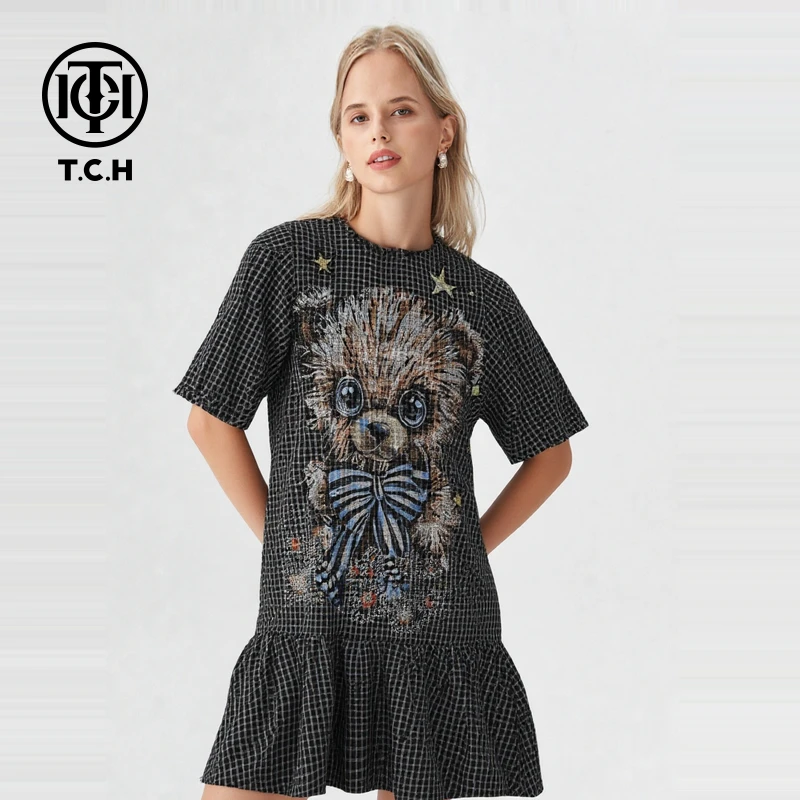 TCH私服烫钻工艺时尚休闲气质小熊连衣裙女T75B30E5185轻奢tch