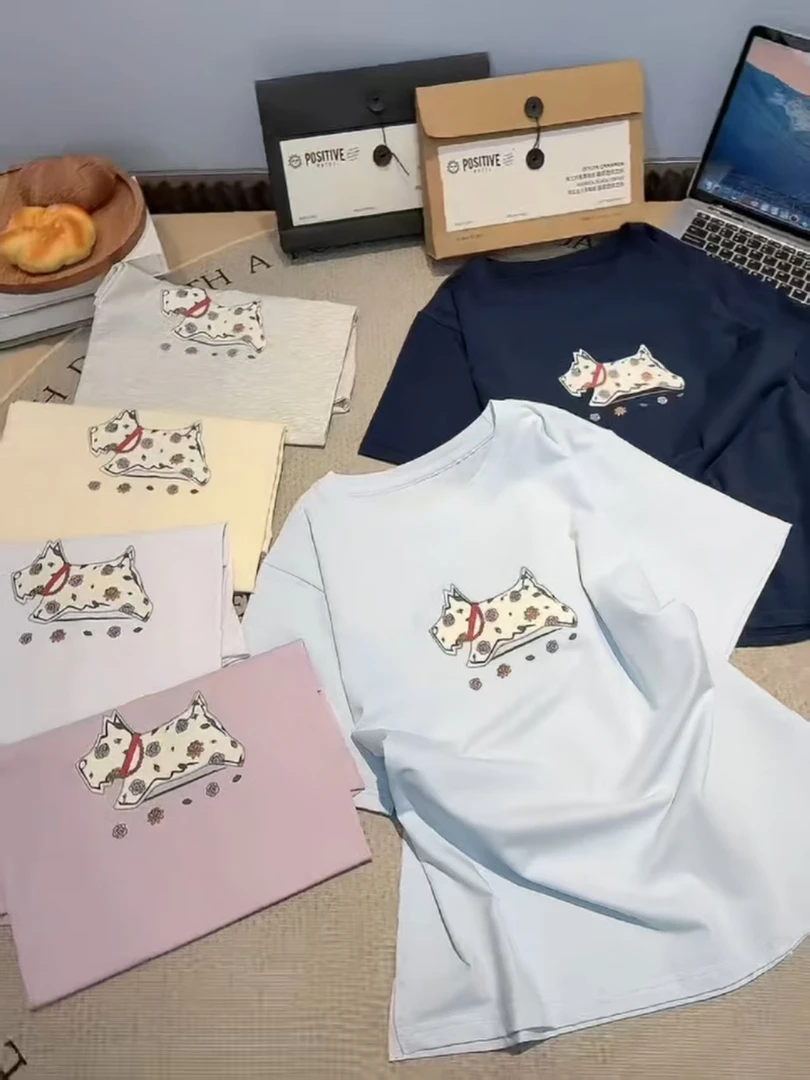 夏季短款T恤韩版简约宽松微胖半袖棉多巴胺色系时尚百搭印花重工