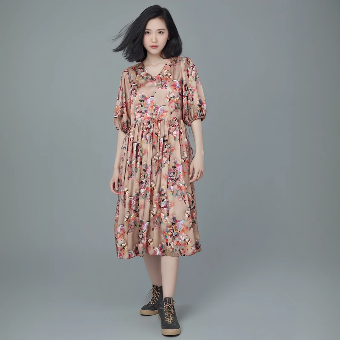 裙子复古长裙纯色V领夏季显瘦A字裙宽松碎花连衣裙9007.1