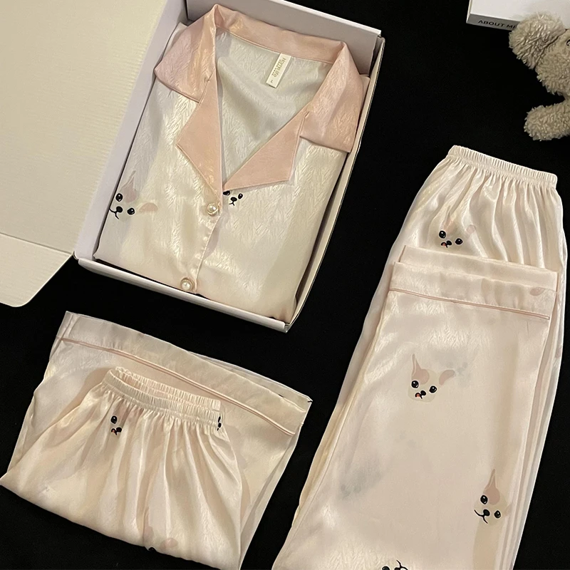 冰丝可爱小狗夏天季三件套装睡衣女款网红风凉感休闲家居服高级感