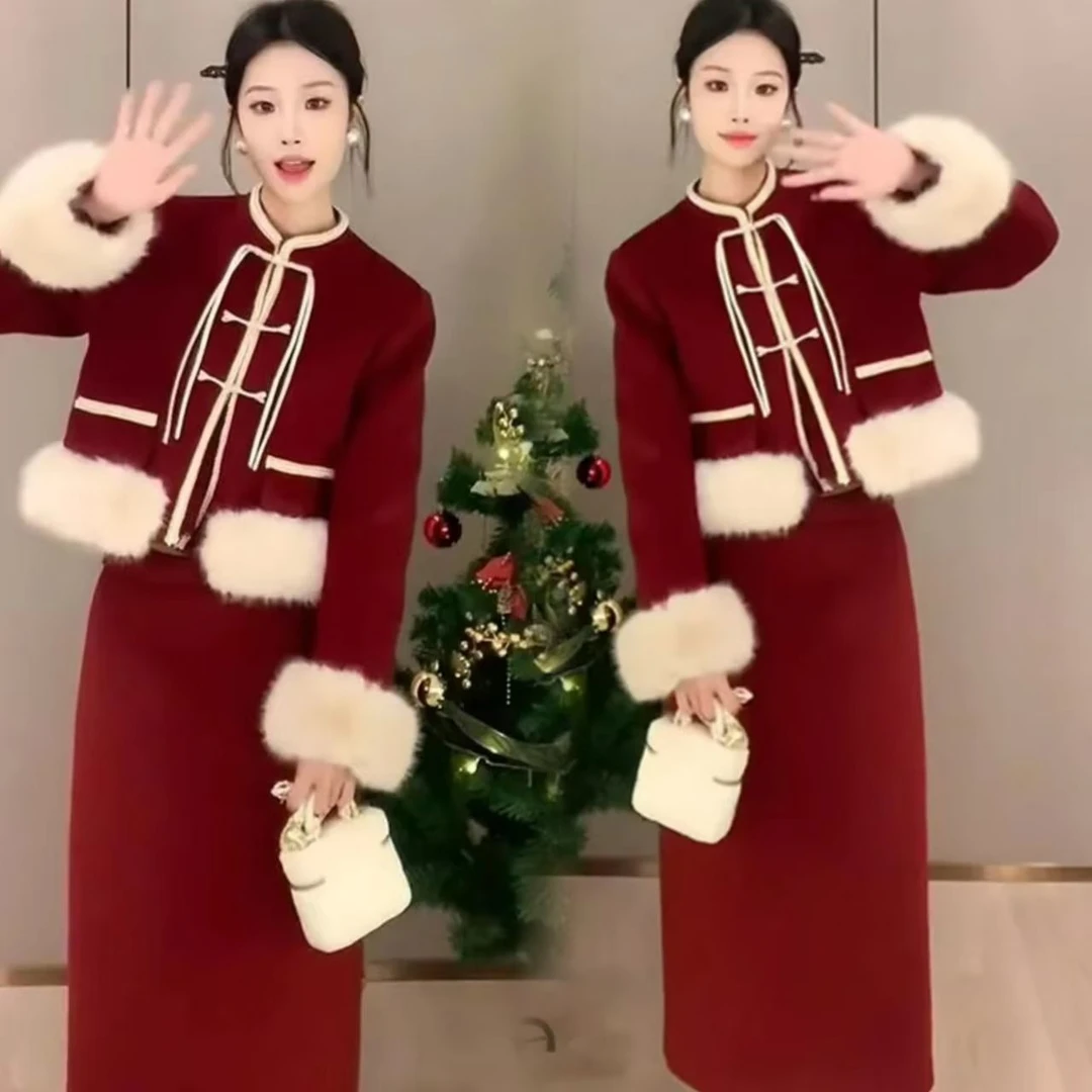 深冬装搭配一整套2024秋冬新款小香风新年红色新中式时尚套装