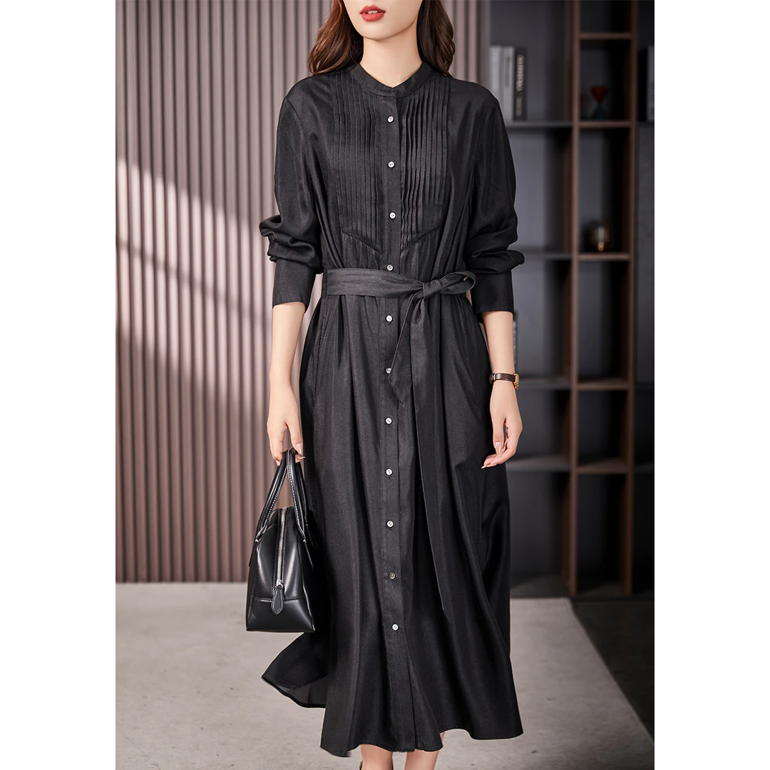 原形设计感风琴褶衬衫连衣裙2025春季新款收腰垂感天丝长裙90268