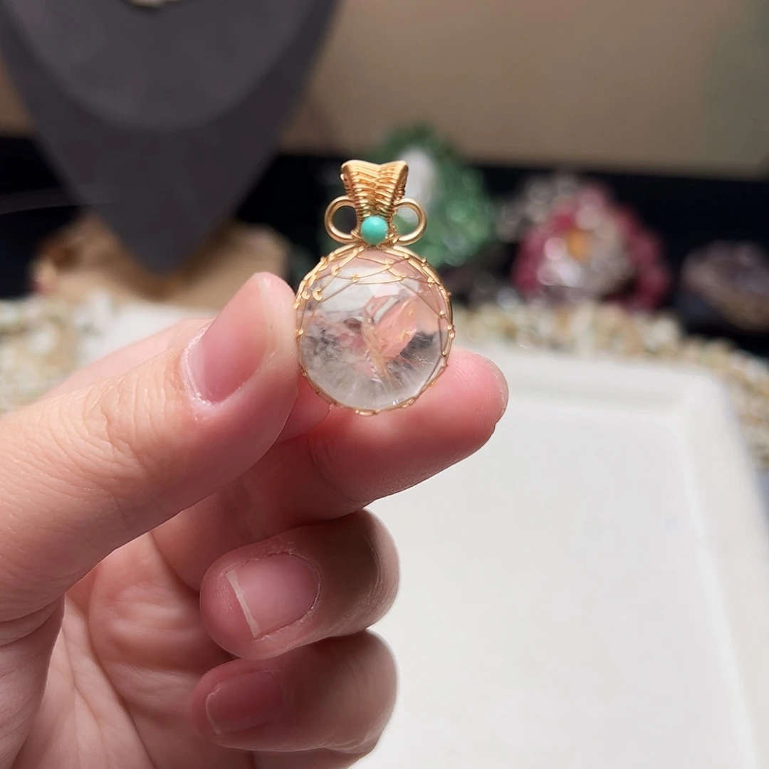 玛瑙/玉髓合金珠宝半成品W57，白水晶金丝编织吊坠一个