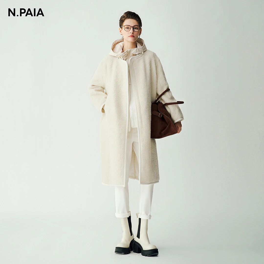 恩派雅秋新款颗粒牦牛绒简练廓形中长款毛呢外套女XNJIR8314A