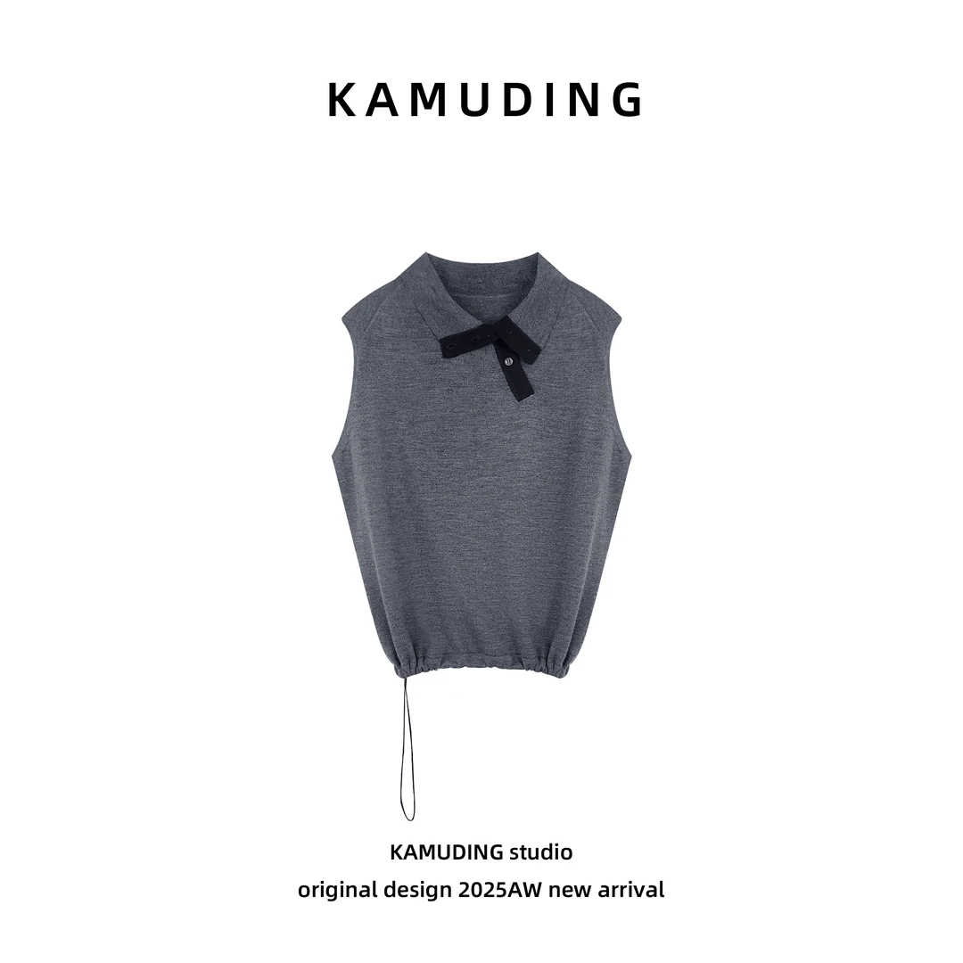 KAMUDING2025秋季A新款短款无袖针织纯色翻领毛针织衫25303