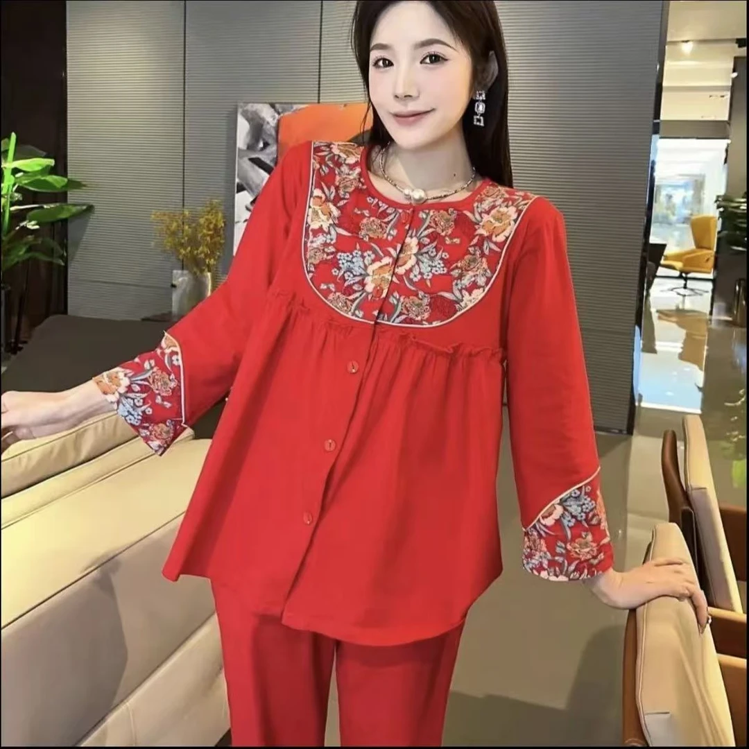 中国风红色女士套装本命年九分裤新年洋气家居服套装喜庆可外穿